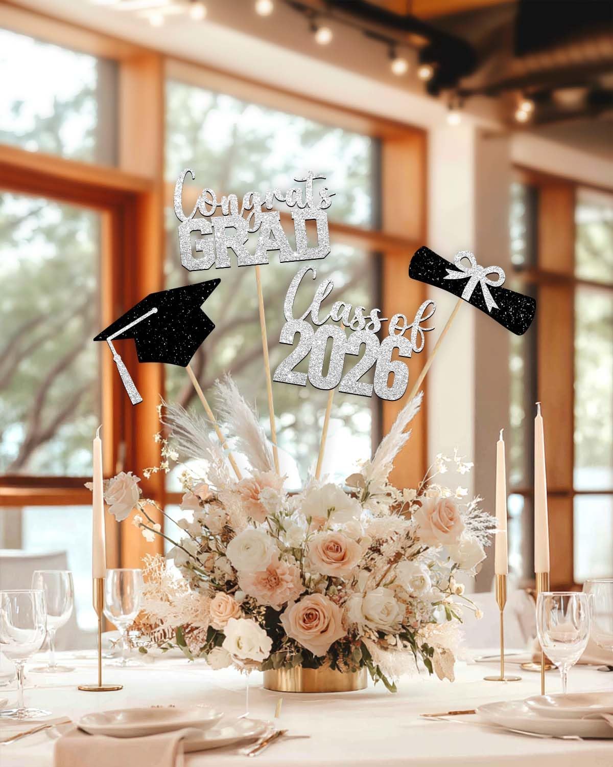 Class of 2026 Centerpieces Sticks for Graduation, 16 Pcs Graduation Decorations Cake Toppers, Graduation Theme Party Decorations Supply(BG)