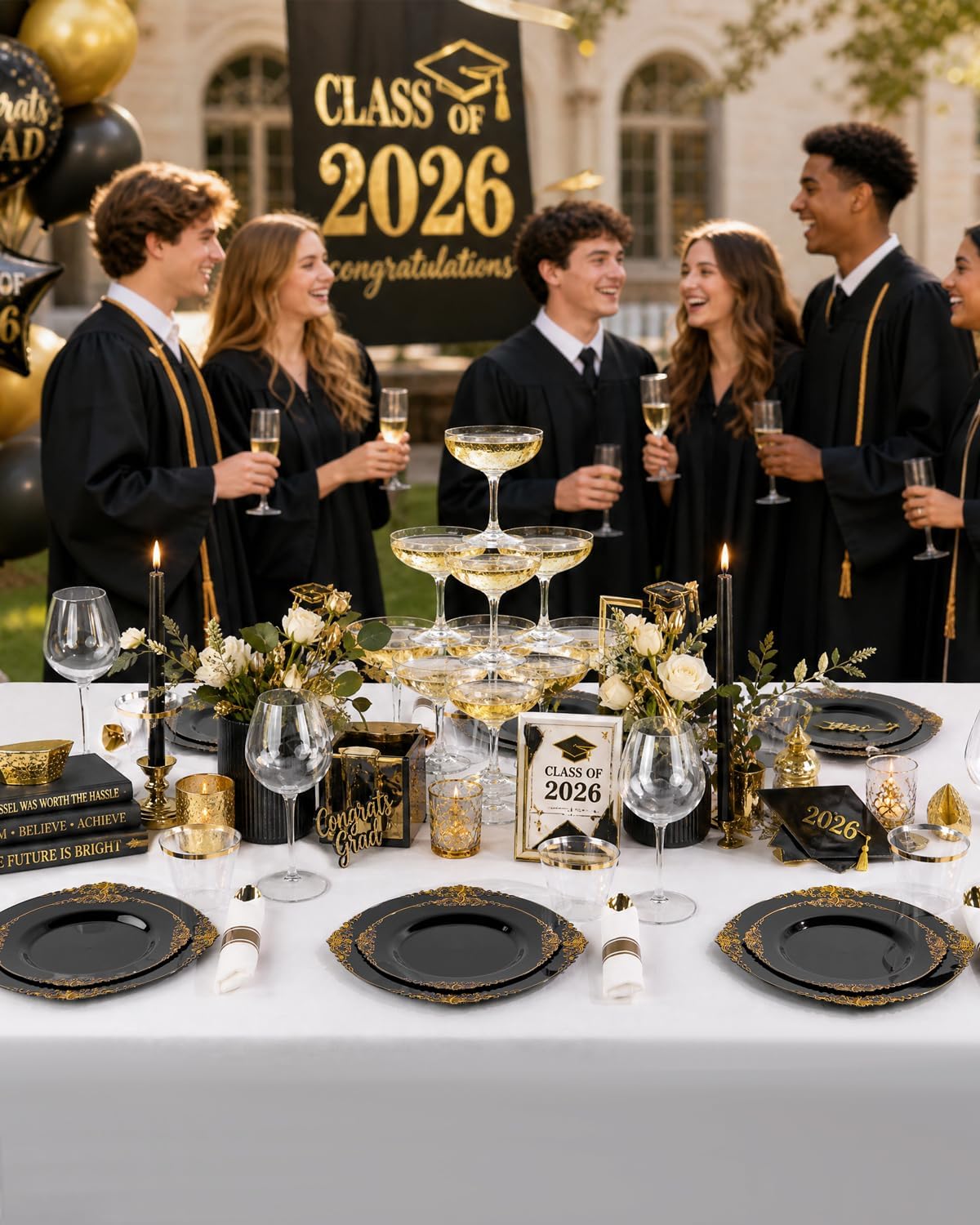 Nervure 350PCS Gold Plastic Plates - Gold Plastic Dinnerware Sets for 50 Guests - 100 Disposable Plates, 150 Silverware, 50 Cups, 50 Napkins for Wedding & Party & Mothers Day