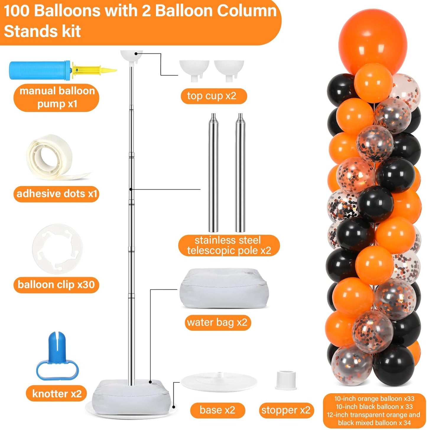 2 Set Black and Gold Balloons Column Stand Kit with 100 Balloons Adjustable Balloon Stand with Bases for Floor Black Gold Confetti Balloon Column Kit for Bridal Shower Valentine Birthday Party Decor