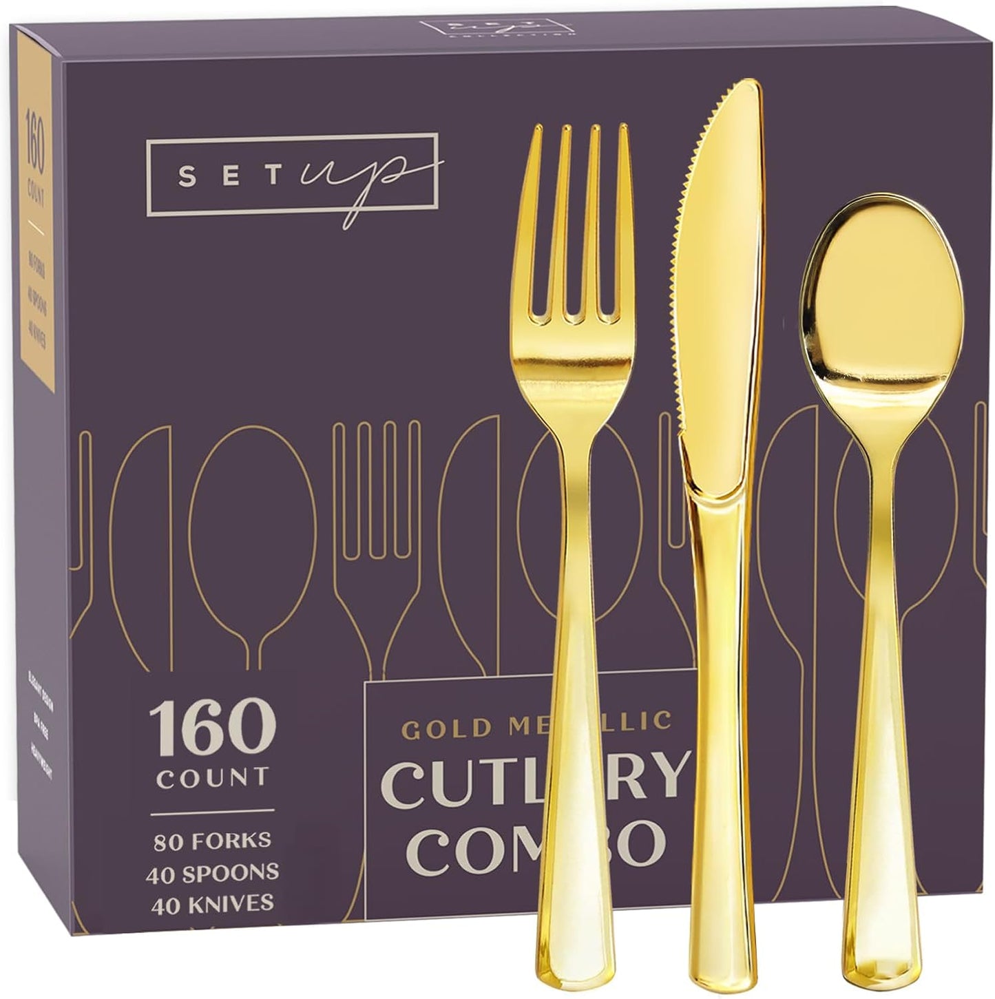 SETUP [160 Count] Disposable Silverware, Silver Combo Cutlery - 80 Forks, 40 Spoons, 40 Knives - Heavy Duty, and Durable Silver Plastic Silverware Set Great for Parties, Events and Everyday use