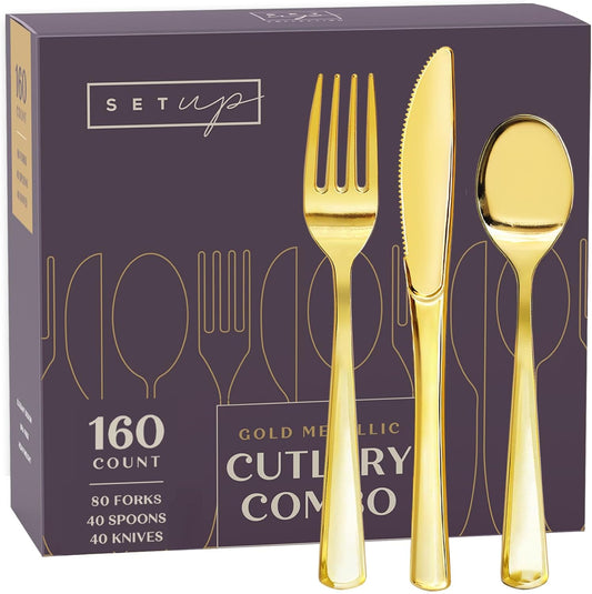 SETUP [160 Count] Disposable Silverware, Silver Combo Cutlery - 80 Forks, 40 Spoons, 40 Knives - Heavy Duty, and Durable Silver Plastic Silverware Set Great for Parties, Events and Everyday use