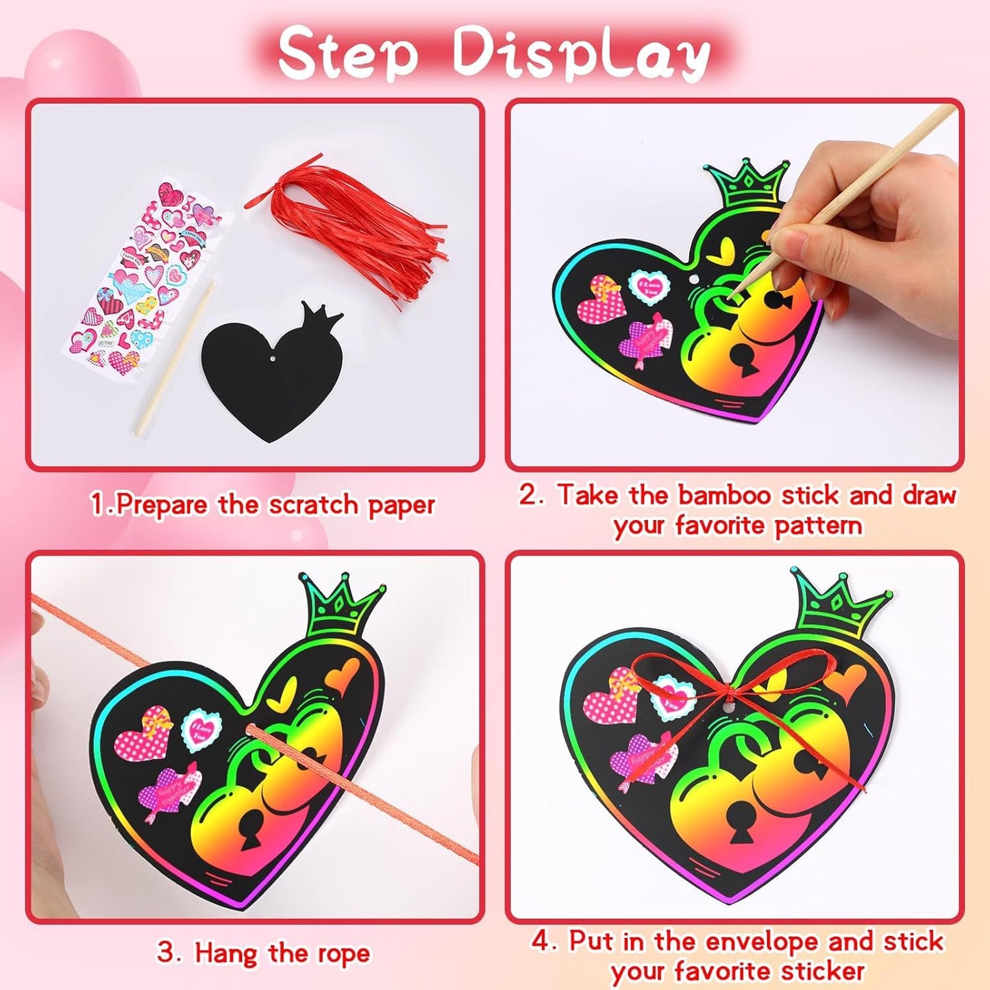 FEBSNOW Valentines Crafts for Kids, 48 PCS Heart Rainbow Magic Scratch Art Day Cards for Kids Classroom Scratch Paper Art for Valentines Day Gifts Party Favors witn Heart Stickers