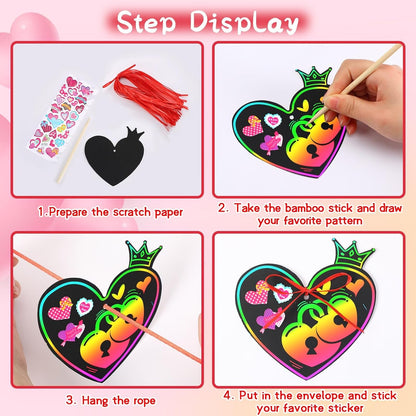 FEBSNOW Valentines Crafts for Kids, 48 PCS Heart Rainbow Magic Scratch Art Day Cards for Kids Classroom Scratch Paper Art for Valentines Day Gifts Party Favors witn Heart Stickers