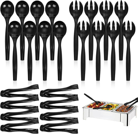 Supernal 72pcs Plastic Serving Utensils Heavy Duty Disposable Serving Tongs Black Disposable Serving Set 10" Spoons 10" Forks 6" Tongs Each 24pcs