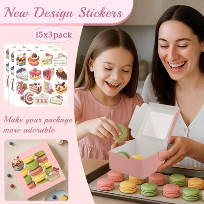 OAMCEG 50 PCS Cupcake Boxes with Window, 6x6x3 Inch Cookie Boxes, Bakery Treat Boxes for Pastry, Dessert, Chocolate Strawberries, Cupcake Containers, Gift Giving with Stickers & Twine （Brown）