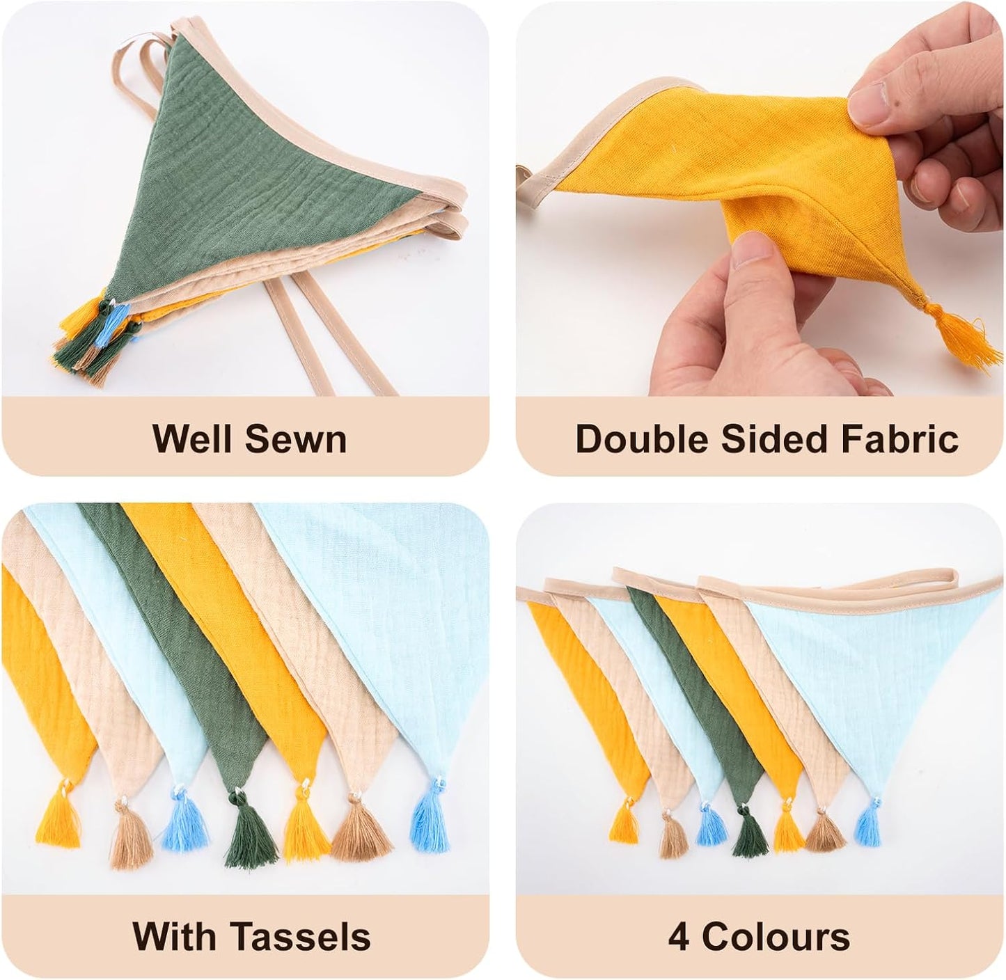 G2PLUS Cotton Fabric Bunting Banner, 9Ft Green Triangle Pennant Banner Flag, 12pcs Double-Sided Bunting Garland with Tassels for Birthday, Nursery, Baby Shower, Classroom Hanging Decor