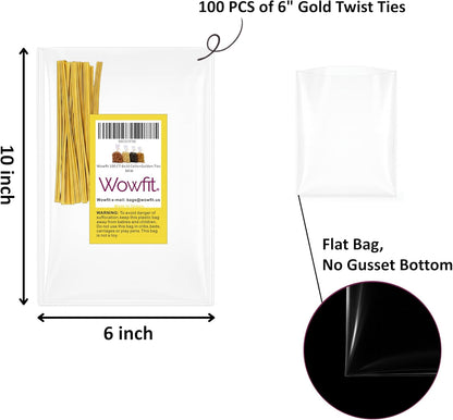 Wowfit 100 CT 6x10 Inch Clear Flat Cellophane Treat Bags with 6” Gold Twist Ties, Cello Packaging for Gift Wrapping, Decorations, and Food Storage