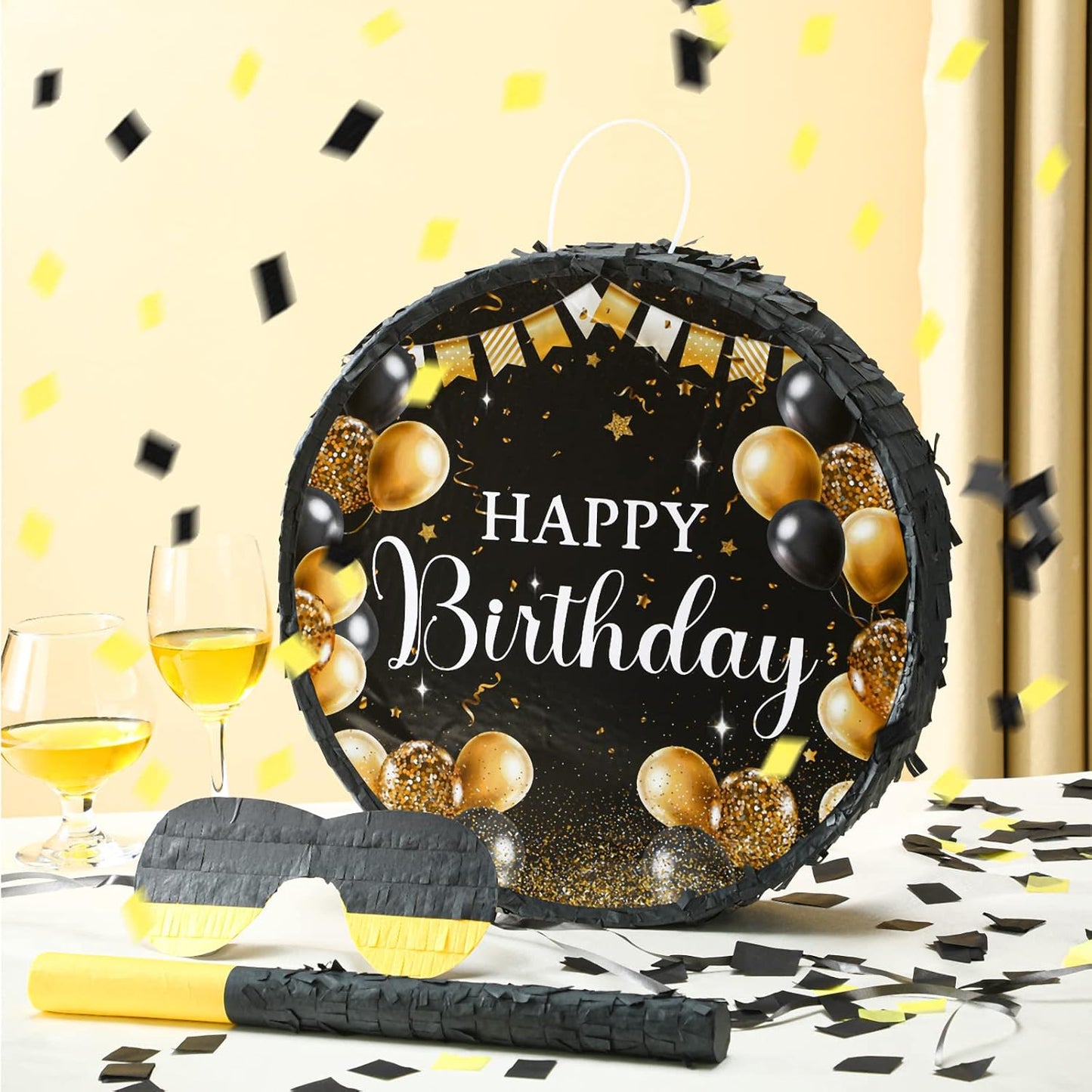Sinmoe Birthday Piñata with Stick Blindfold and Confetti Large Piñata for Adult Men Women Birthday Party Supplies Decoration Wedding Anniversary(Black and Gold)