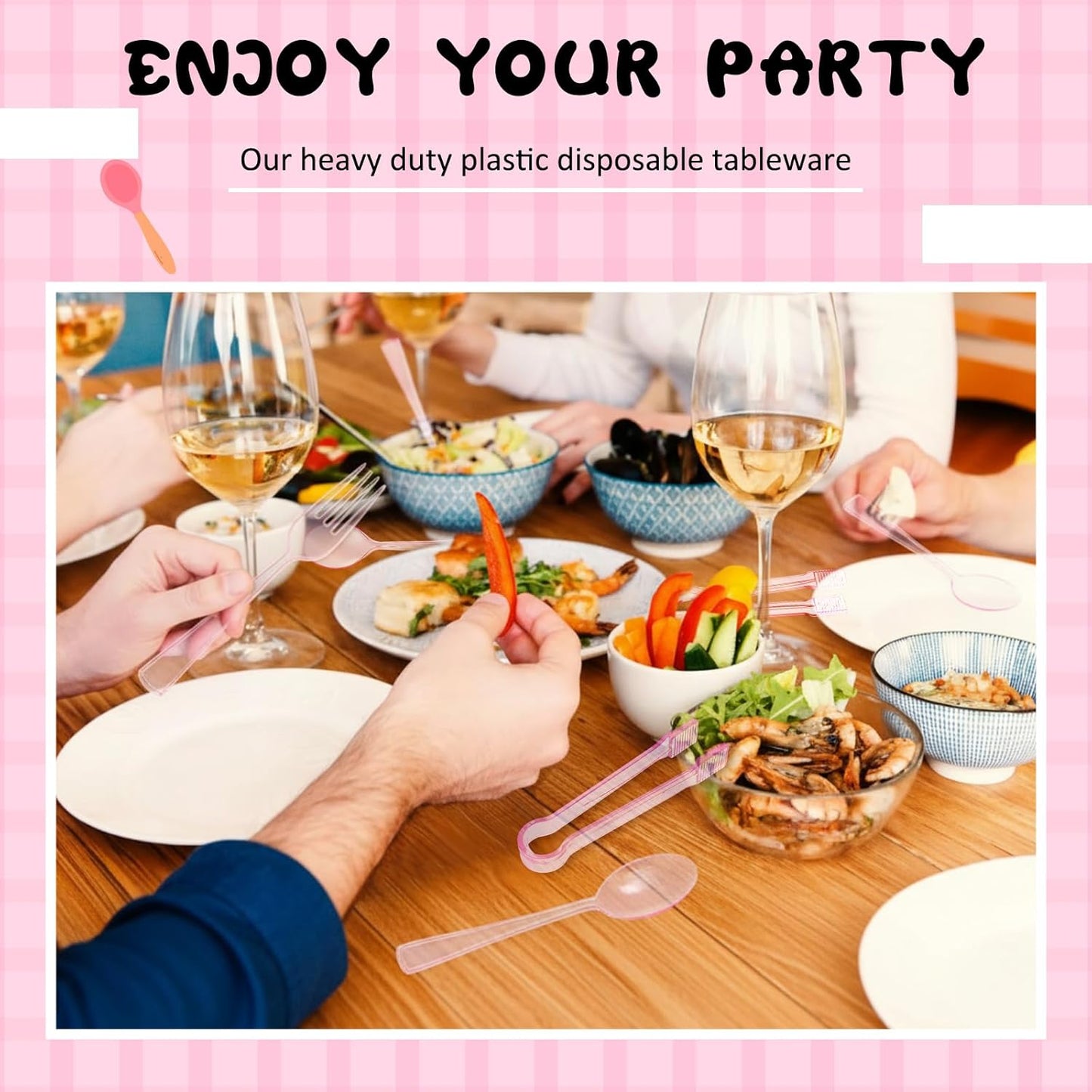 Potchen 18 Pcs Pink Plastic Silverware Set Disposable Clear Heavy Duty Serving Utensils 6 Serving Tongs 6 Spoons 6 Forks for Birthday Wedding Baby Shower Bridal Kitchen Food Ice Salad Buffet Party