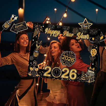 30Pcs New Years Eve Party Supplies 2026 Photo Booth Props Set with Frame 2026 Happy New Year Decorations Selfie Frames NYE Decoration for Parties Selfie Props Photography Decorations