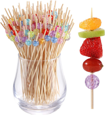 200 Pcs Cocktail Picks, 4.7 Inch Toothpicks for Appetizers, Bamboo Cocktail Sticks Skewers for Drinks, Desserts, Charcuterie, Wedding Party Fancy Toothpicks, Gold Pearl Mini Food Picks Decorative
