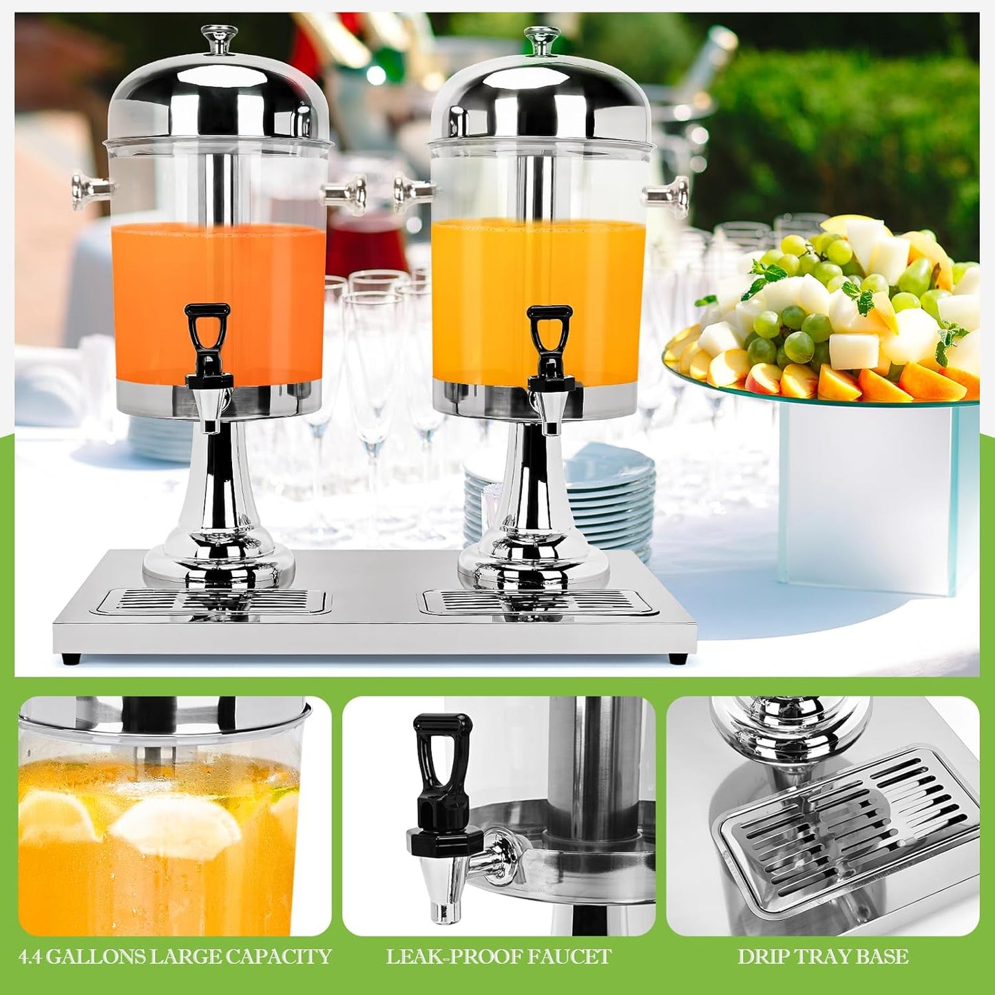 4.4 Gallon/16 L Beverage Dispensers, Stainless Steel Drink Dispenser, PE Beverage Dispensers with Stand Cold Dispenser with Centre Ice Core and Drip Trays for Parties Banquets Picnic