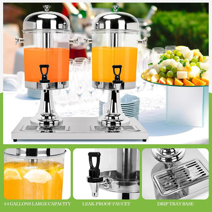 4.4 Gallon/16 L Beverage Dispensers, Stainless Steel Drink Dispenser, PE Beverage Dispensers with Stand Cold Dispenser with Centre Ice Core and Drip Trays for Parties Banquets Picnic