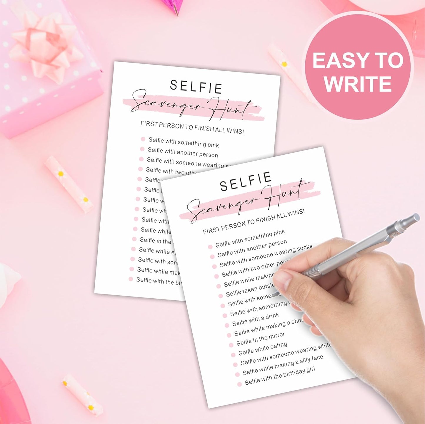 DYIRBIIY Minimalism Birthday Party Game Cards - Selfie Scavenger Hunt - 20 Blush Double-Sided Fill in Style Funny Birthday Party Game Cards for Adults, Party Supplies & Activities - A02
