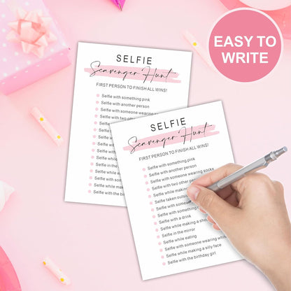 DYIRBIIY Minimalism Birthday Party Game Cards - Selfie Scavenger Hunt - 20 Blush Double-Sided Fill in Style Funny Birthday Party Game Cards for Adults, Party Supplies & Activities - A02