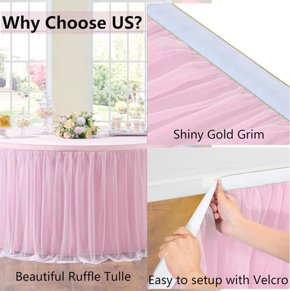 72inch Champagne Gold Tulle Table Skirts for Rectangle Round Tables, Gold Grim Ruffle Tulle Tutu Cloth Table Skirt 6ft for Wedding Birthday Party Cake Dessert Decor(No Top Cover)