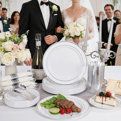 350 Pieces Black and Gold Plastic Plates with Disposable Silverware, Include 50 Dinner Plates 9”, 50 Dessert Plates 6.3”, 50 Black Cups 9 OZ, 50 Pre Rolled Napkins for Wedding Party Graduation