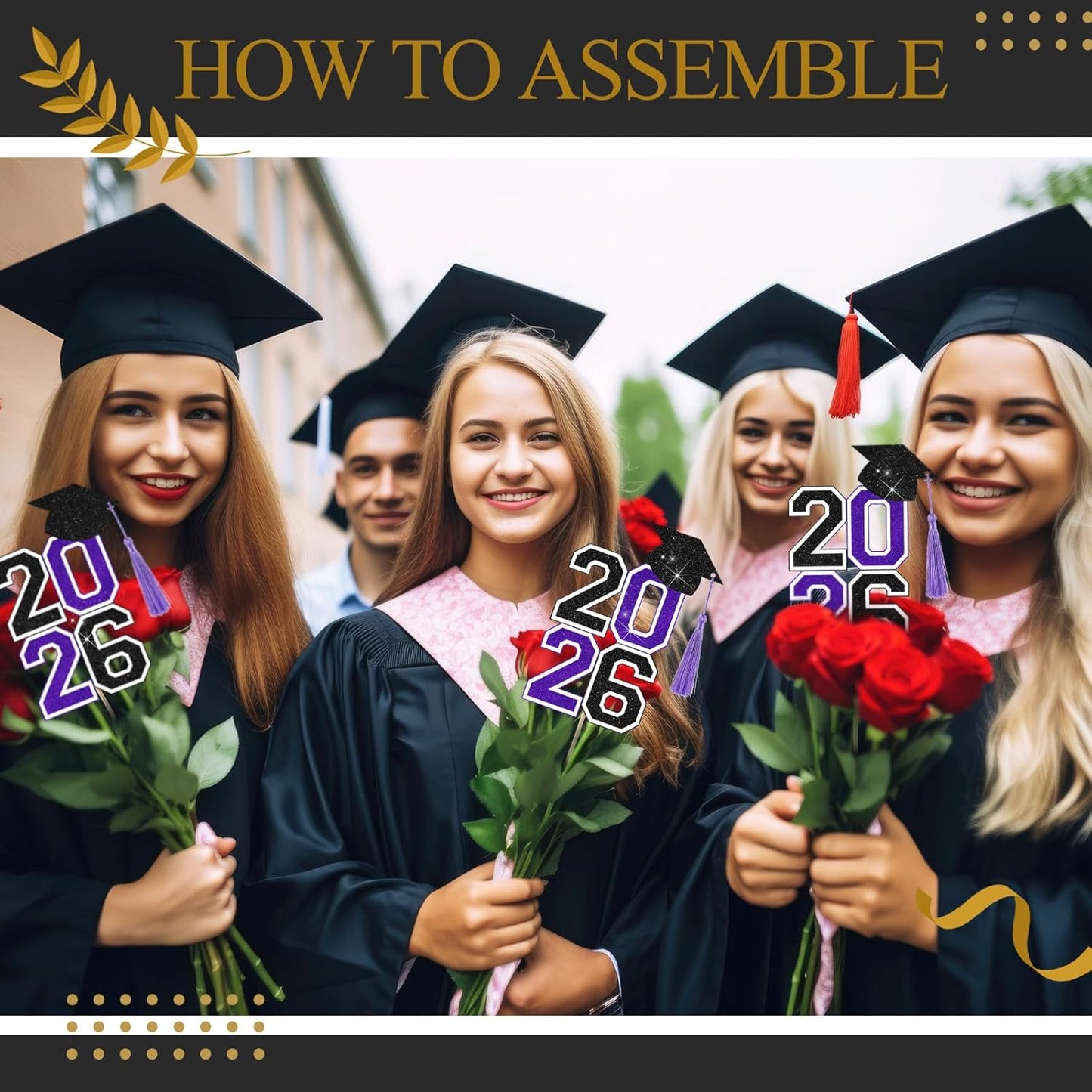 10 Pcs Graduation Table Centerpieces Sticks with Tassels, class of 2026 Grad Cap Picks Table Decoration Cupcake Toppers for Party Centerpiece Decoration Supplies(Blue and Gold)