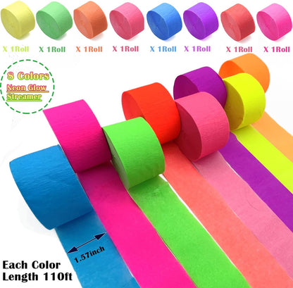 600 feet Glow Crepe Paper Streamers UV Glow Party Neon Streamer Decorations Glow in The Dark Black Light Reactive Fluorescent Neon Paper Party Streamers Wedding Birthday Blacklight Party Supplies