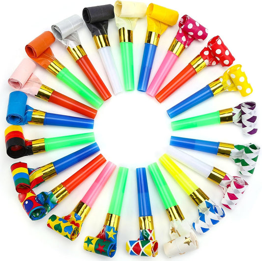 Koogel 100Pcs Party Blowers Bulk for Party Favors, Colorful Noisemakers & Blowouts with Assorted Patterns, Fun Goodie Bag Stuffers Whistles Horns for Kids & Adults, Classroom Prize Graduation Carnival