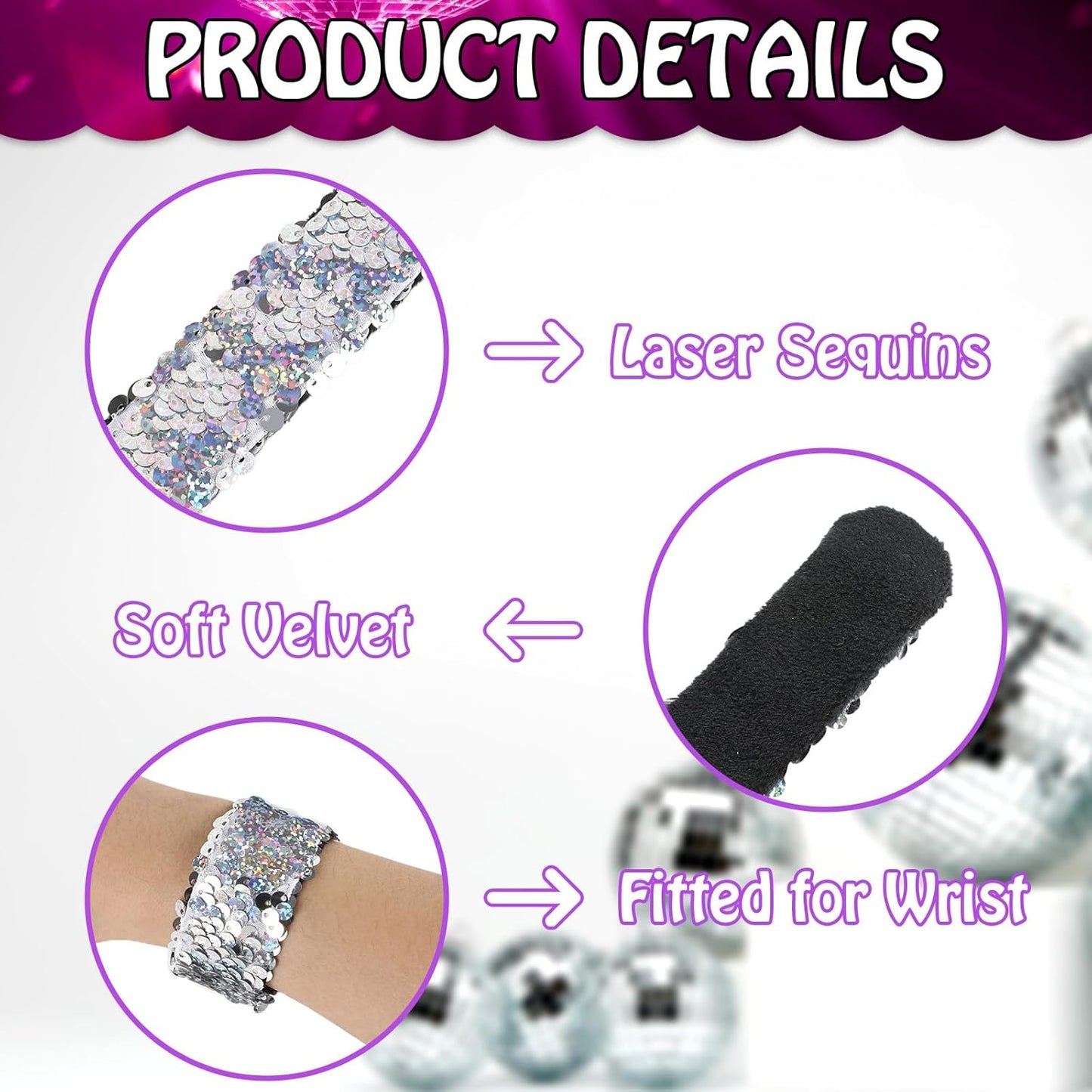 Justforjoyful 24Pcs Disco Party Decorations Slap Bracelets Silver Sequin Slap Bracelets Glitter Flip Wristband 70s and 80s Last Disco Bachelorette Sequins Laser Wristband Party Favors Supplies Decor