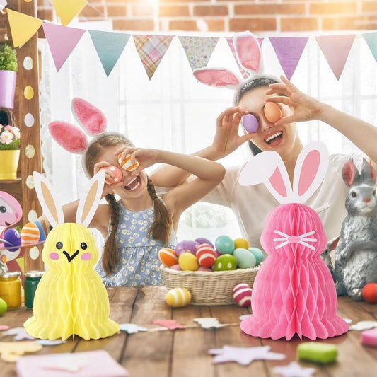 Fourluoo 6 Pcs Large Easter Bunny Honeycomb Centerpiece 2 Sizes Pastel Rabbit Table Ornament Colorful 3D Honeycomb Decoration for Spring Egg Hunt Bunny Themed Party