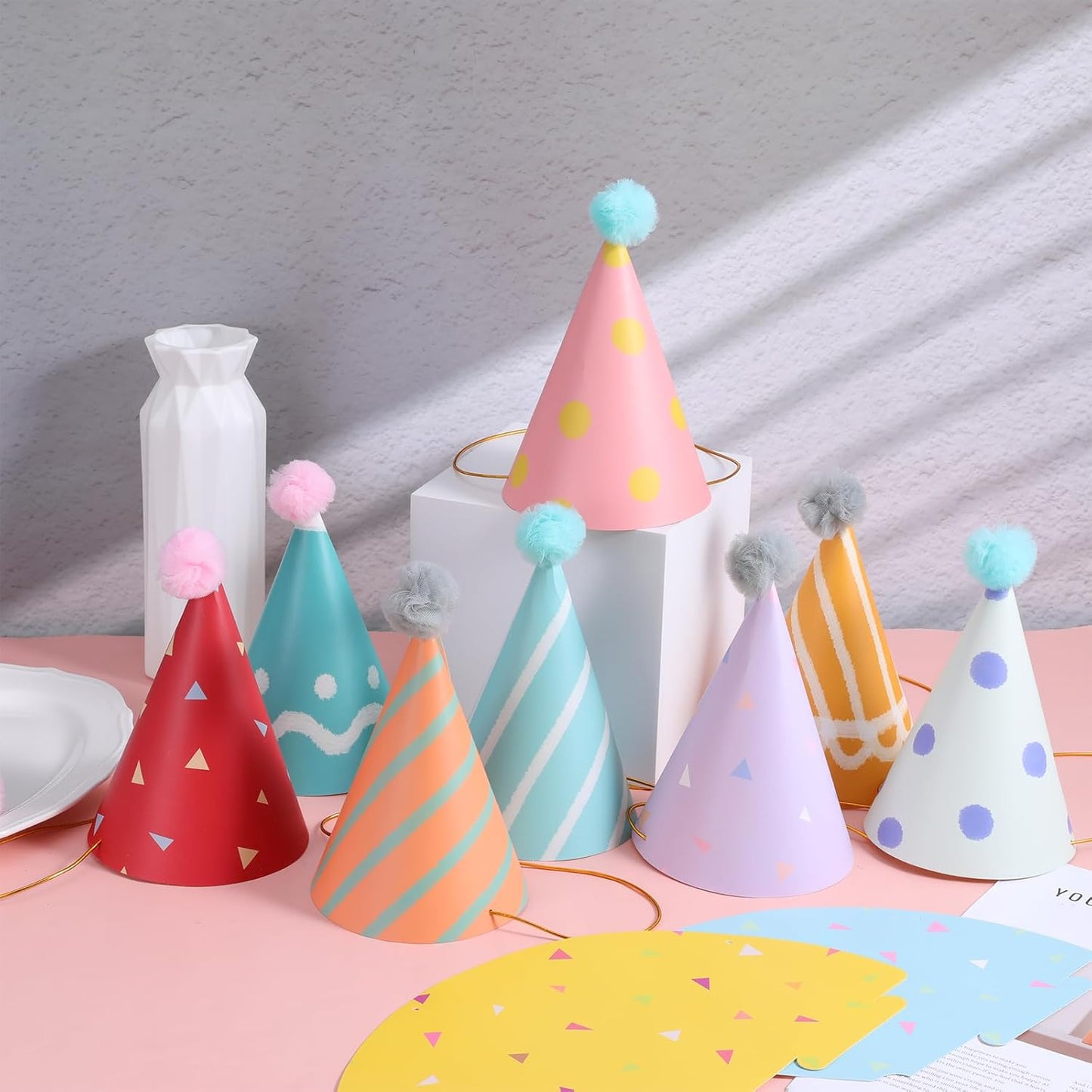 10 PCS Birthday Party Hats for Kids Adults, DIY Cone Hat with Pom Poms, Birthday Hats for Toddler Boys Girls, Paper Party Hat Fun Photo Props Baby Shower Celebration