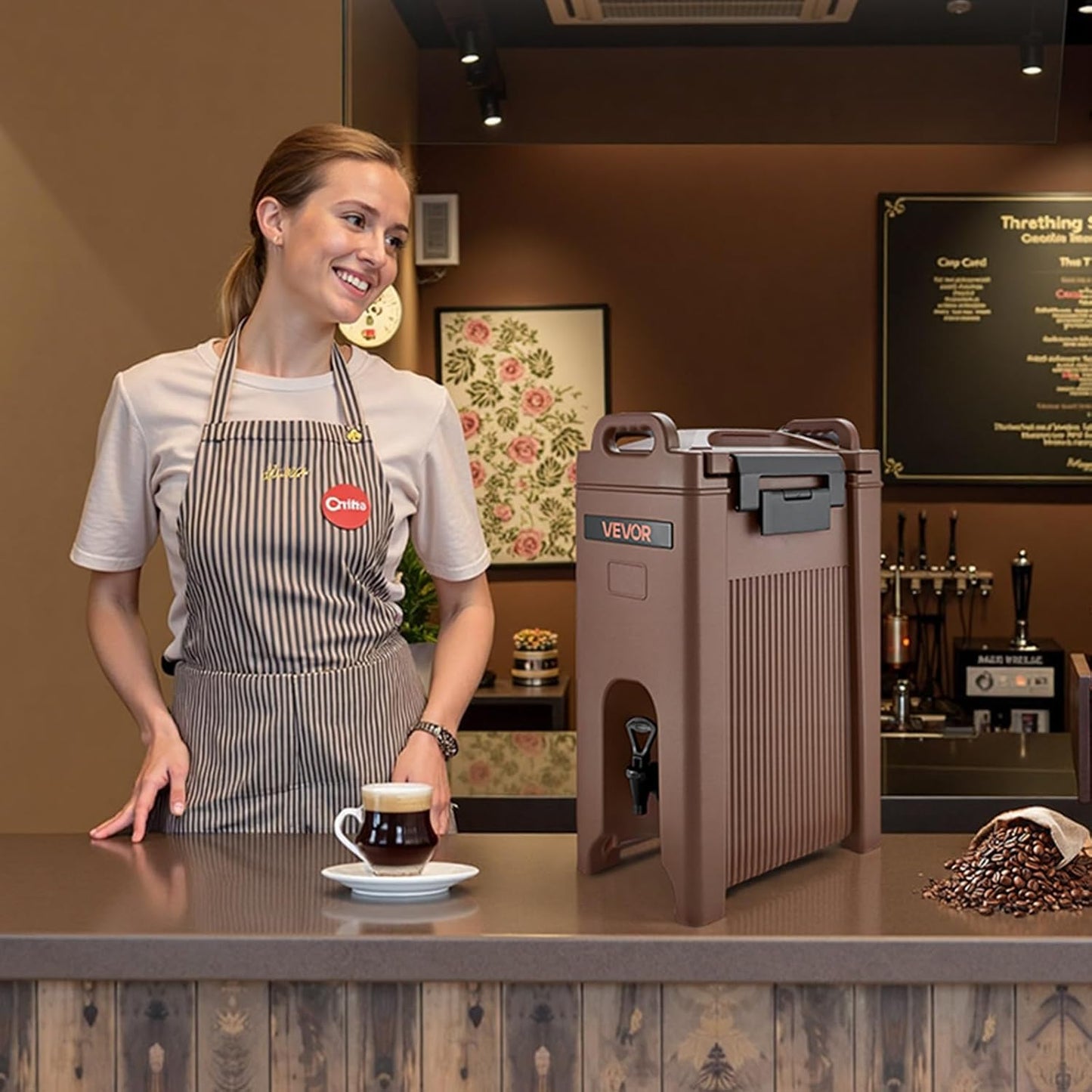 VEVOR Insulated Beverage Dispenser, 5 Gal/19L Hot and Cold Beverage Server with Spigot & Handle, Food-Grade Thermal Drink Dispenser Cooler for Tea Coffee Water in Cafes & Restaurants, Brown