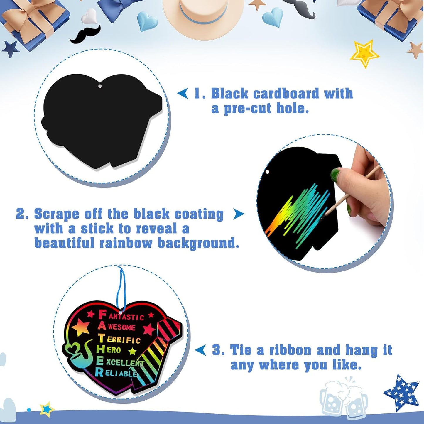 HOWAF 36pcs Father’s Day Scratch Paper Crafts Love Dad Scratch Cards Best Dad Rainbow Scratch Off Cards for Fathers Day Activity School DIY Drawing, Feliz Dia Del Padre Paper Scratch Pad for Kids