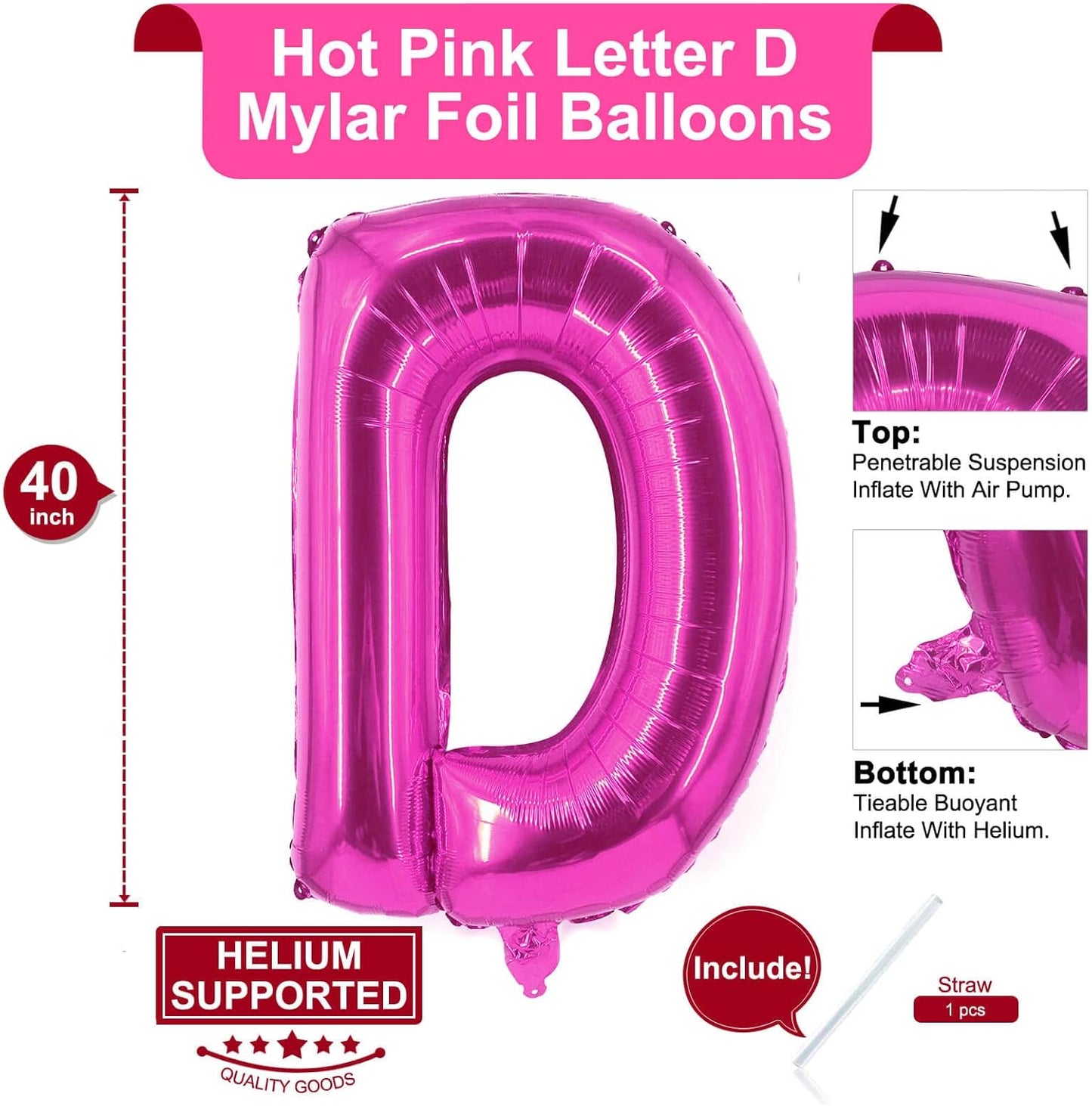 Lovoir 40 Inch Large Hot Pink Letter A Balloons Big Size Jumbo Mylar Foil Helium Balloon for Birthday Party Celebration Decorations Alphabet Hot Pink A
