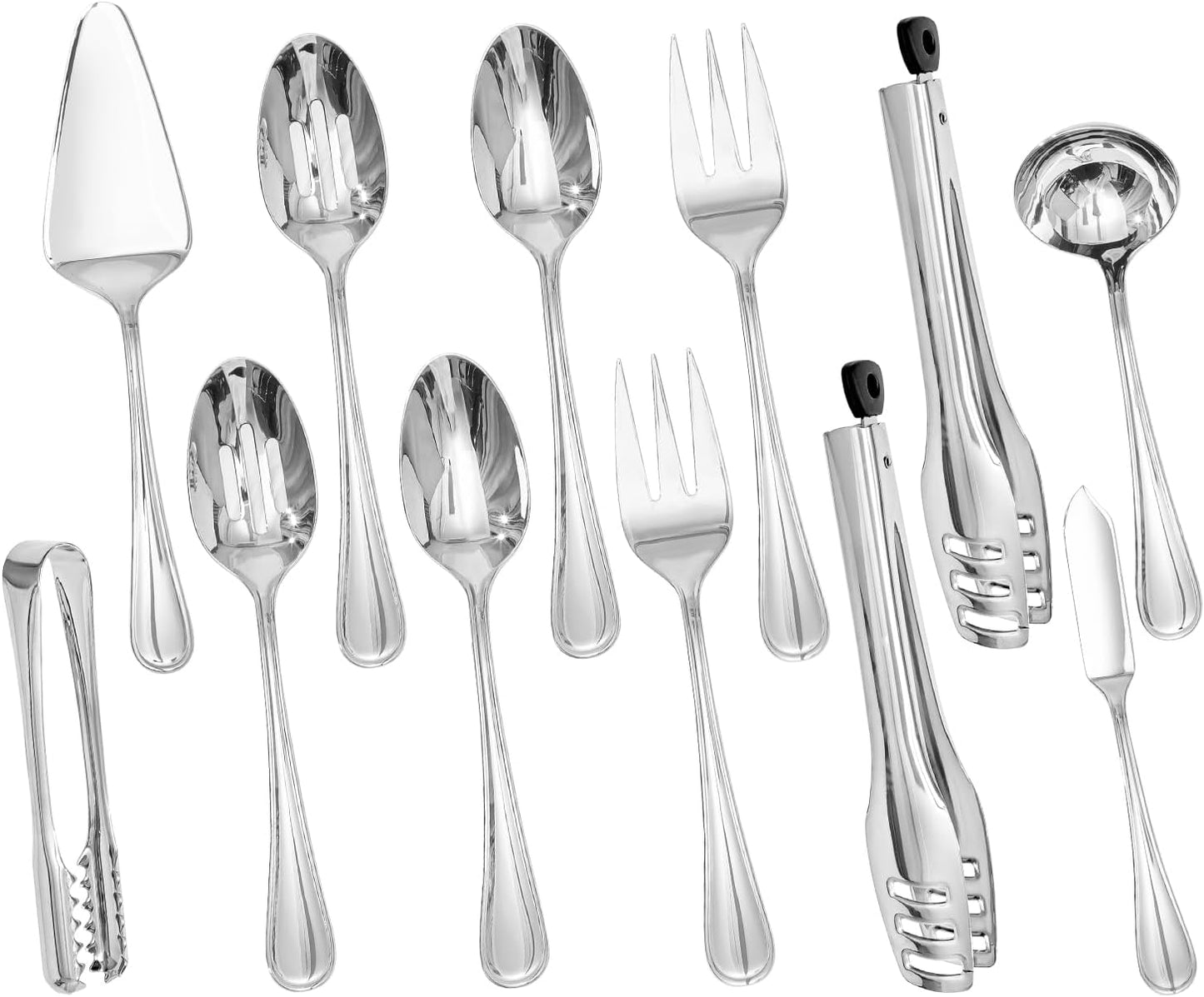 KINGSTONE 8 Piece Teardrop Serving Utensils Set, 18/10 Stainless Steel Serving Utensils, Slotted Spoons, Forks, Tongs, Cake Server, Butter Knife for Buffet, Catering, Wedding, Party
