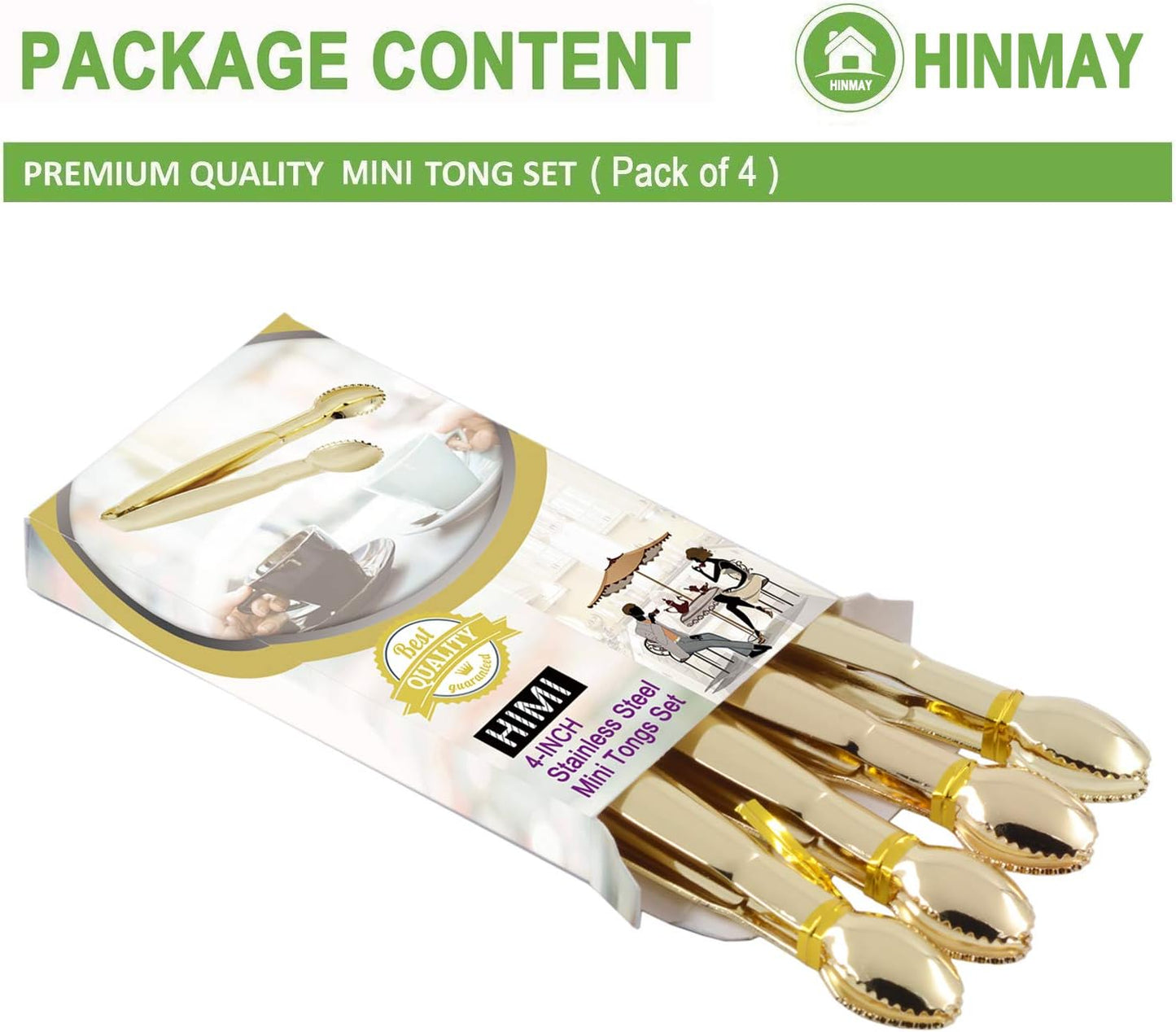 5.75" Mini Appetizer Tongs Set, Tiny Stainless Steel Small Tongs for Serving, Tea Party, Coffee Bar, Desserts, Set of 4 (Gold)