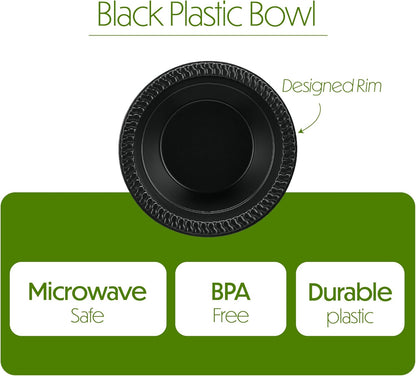 PLASTICPRO 100 PCS Black Plastic Bowls Light Weight 12 oz Plastic Soup Bowls Black Salad Plates Disposable for Party and Wedding
