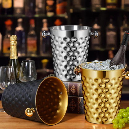 MorningRo 2 Pcs 5 Quart Black Champagne Ice Bucket 4.7 L Metal Doublewall Hammered Stainless Steel Wine Beer Chiller Home Bar Accessories for Football Sports Wedding Party Summer BBQ (Beveled Mouth)