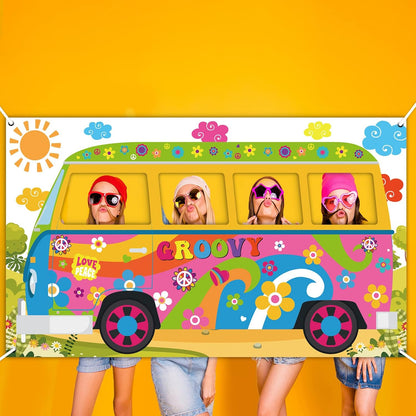 Hippie Bus Photo Prop Groovy Birthday Party Decorations Large Fabric Groovy Van Prop Hippie Selfie Frame Backdrop Background Banner Birthday Supplies Retro Daisy 60s 70s Party Favors 65.8 x 35.4 Inch