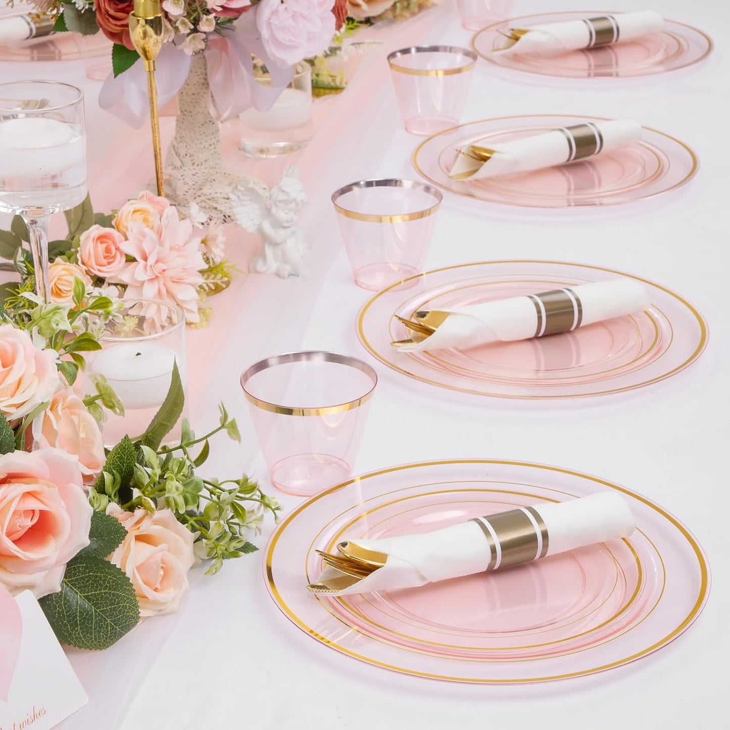 WELLIFE 350-Piece Gold Disposable Plates and Cutlery Set - Premium 10.25" Dinner Plates, 7.5" Dessert Plates, 9oz Cups & Cutlery for Weddings, Catering Events - 50 Guest Service - Elegant & Sturdy