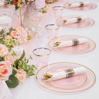 WELLIFE 350-Piece Gold Disposable Plates and Cutlery Set - Premium 10.25" Dinner Plates, 7.5" Dessert Plates, 9oz Cups & Cutlery for Weddings, Catering Events - 50 Guest Service - Elegant & Sturdy
