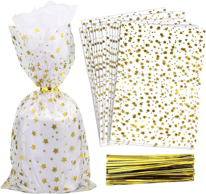 100 Pcs Star Printed 5"X 7" Gift Wrap Cello Cellophane Treat Bags Party Favor bags Clear Candy Cookie Bag Plastic Poly Goodie Storage Bag with Twist Ties for Bakery,Birthday, Wedding ,Party Decorations (Gold)