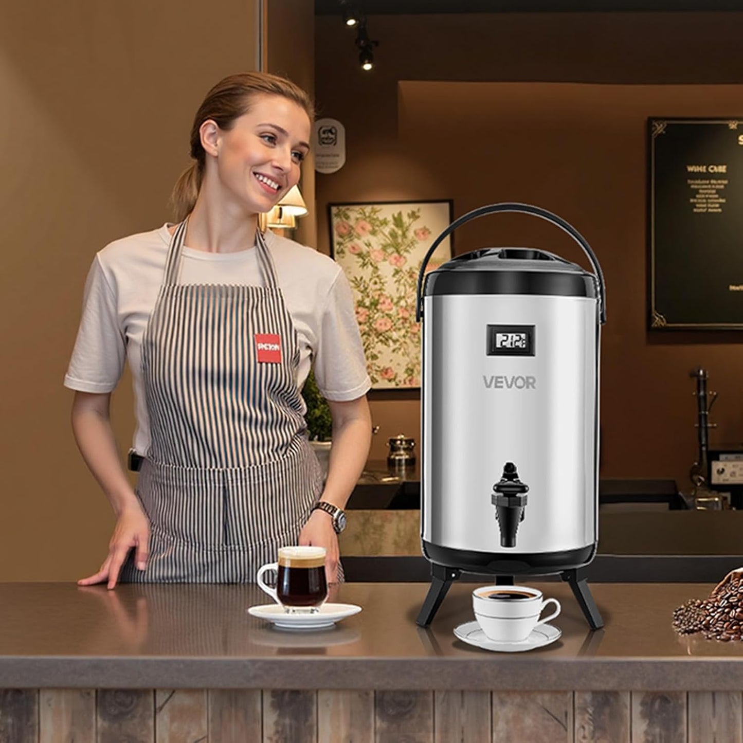 VEVOR Insulated Beverage Dispenser, 2 Gal/7.6L Stainless Steel Thermal Drink Server with Spigot & Temp Display, Suitable for Hot and Cold Drinks, for Tea Coffee Water in Cafes & Restaurants, Silver
