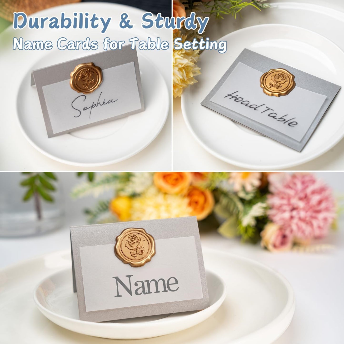 25 Pack Name Cards for Table Setting, Printable Place Cards with Antique Gold Rose Wax Seal Sticker for Wedding, Table Tent Card Stock Decor for Party, Dinner, Home(Pearlized Champagne Gold)