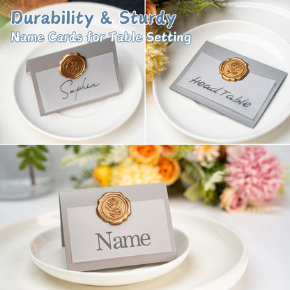 25 Pack Name Cards for Table Setting, Printable Place Cards with Antique Gold Rose Wax Seal Sticker for Wedding, Table Tent Card Stock Decor for Party, Dinner, Home(Pearlized Champagne Gold)