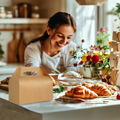 UnicoPak 30 Pack 9x6x6 Gable Boxes, Large White Treat Boxes with Handles, Cardboard Gift Boxes for Party Favors, Lunch, Bakery, Cookies, Picnic, To-Go Food, DIY Gift Packaging