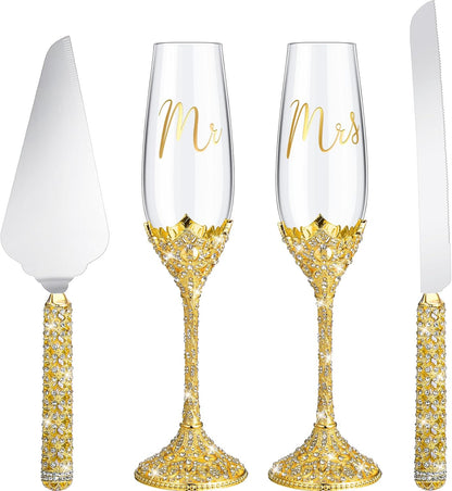 Sratte 4 Pcs Wedding Cake Knife and Champagne Flutes Server Set, Toasting Crystal Rhinestone Champagne Flutes Glasses Cake Knife Pie Server Wedding Gifts for Couple Bride Groom(Gold)