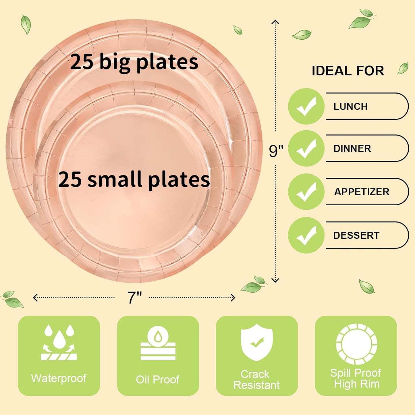 LANLISA 50 Pcs Pink Paper Plates Disposable, 25-9" & 25-7" Disposable Birthday Cake Dessert Plates For Valentines Day, Baby Shower, Easter Party, Mothers Day Party Supplies