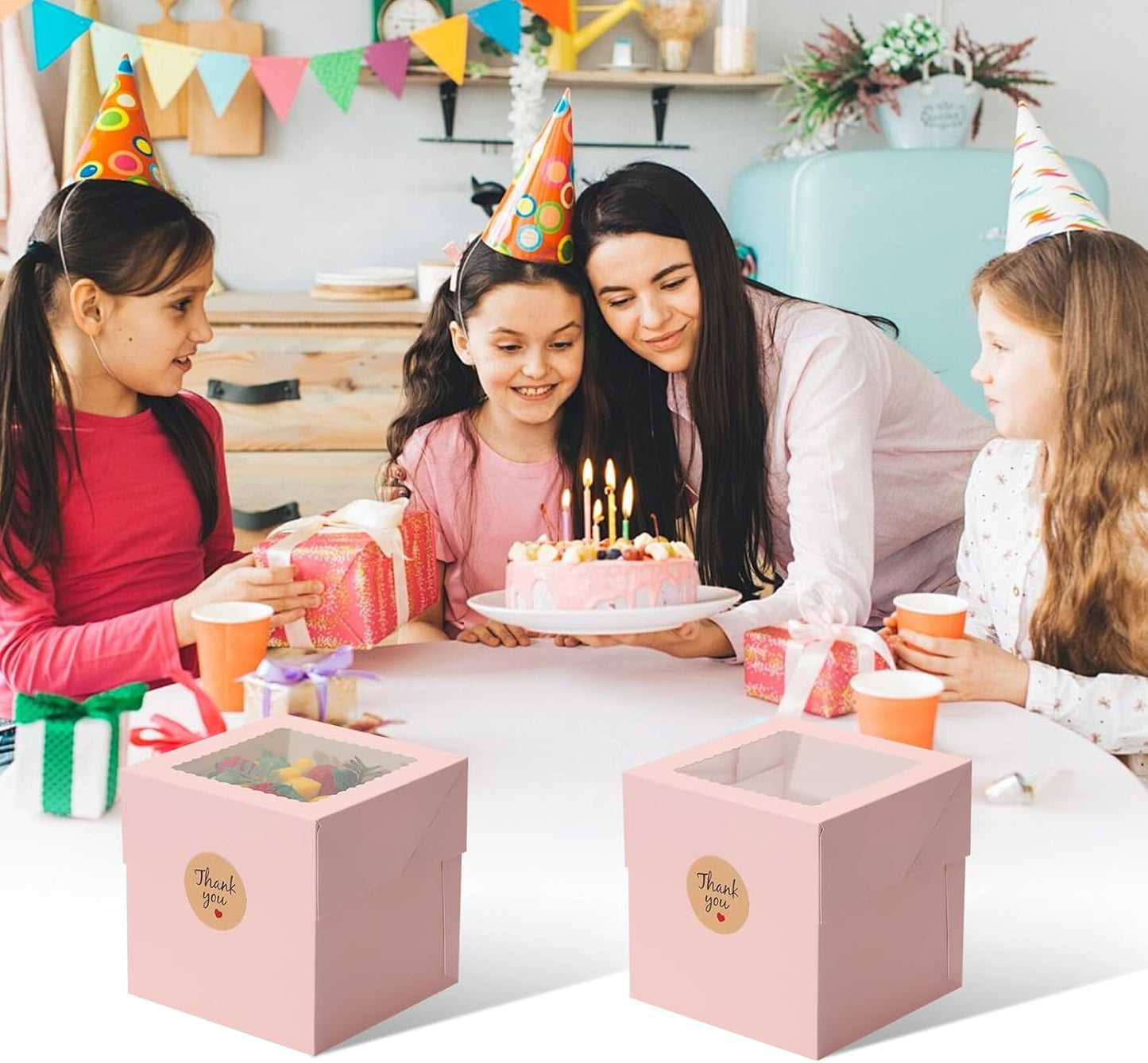 COTOPHER 4Pcs 6x6x6 Inches Mini Cake Boxes, Pink Square Bakery Boxes with Window, Small Cake Containers for Pastries, Cookies, Chocolates, Cupcakes, Birthday Party Cajas Pasteles
