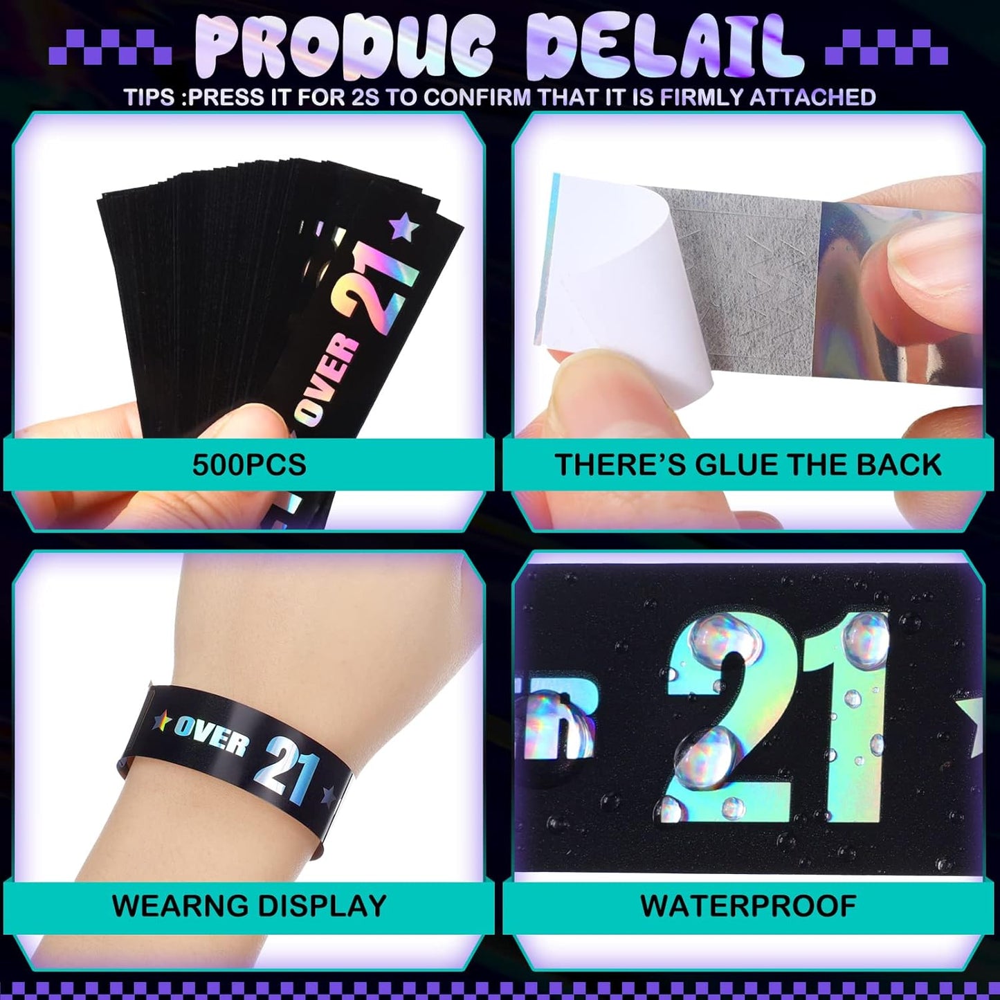 Ferraycle Over 21 Wristbands Holographic Events Wristbands Plastic Party Bracelets Waterproof Bracelets Arm Bands for Events Concerts