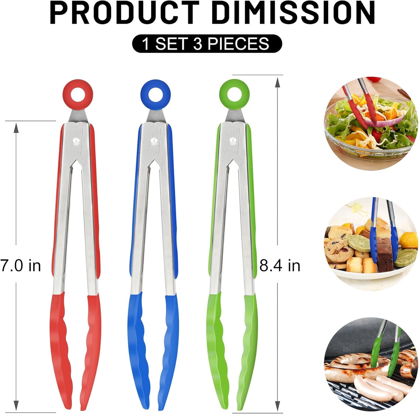 Hotec Mini Silicone Kitchen Tongs for Cooking - 7-Inch Small Serving Tongs with Silicone Tips, Set of 3 (Blue)