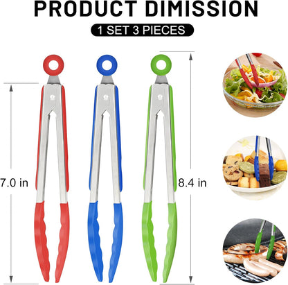 Hotec Mini Silicone Kitchen Tongs for Cooking - 7-Inch Small Serving Tongs with Silicone Tips, Set of 3 (Blue)