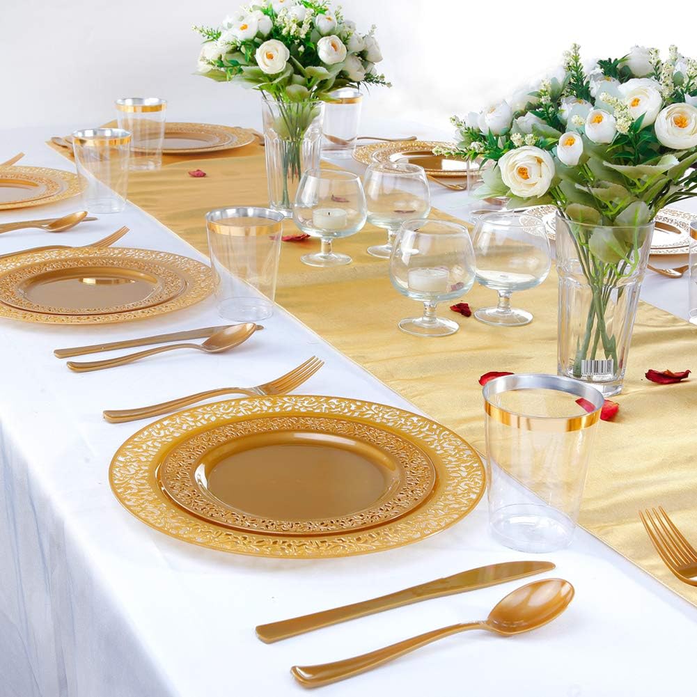 I00000 102 Pieces Gold Plastic Plates, Disposable Party Plates White Gold Rim, 51 Disposable Gold Dinner Plates 10.25 Inch and 51 Disposable Dessert Appetizer Elegant Fancy Wedding Plates 7.5 Inch