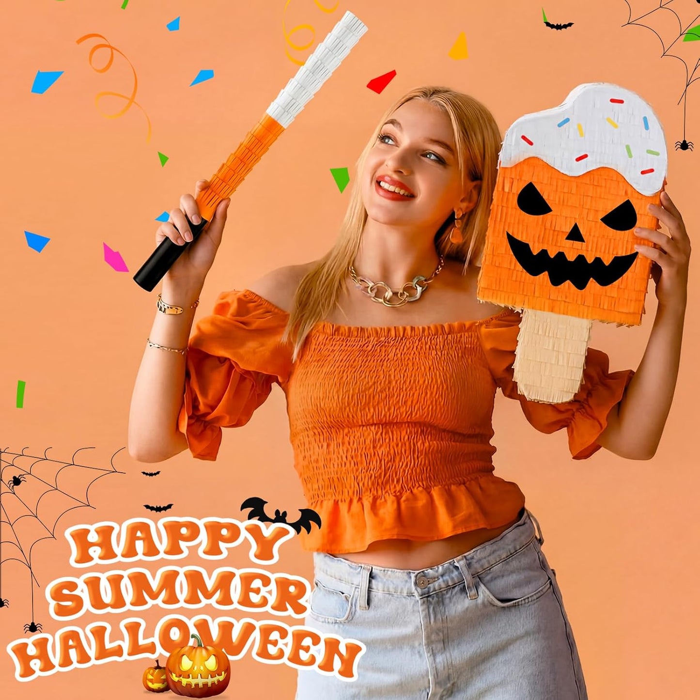 Blueweenly Summer Halloween Ice Cream Piñata Halloween in Summer Piñata with Stick Blindfold Confetti for Party Decorations Photo Prop Party Supply 15.75''x 8.27''x 3.15''